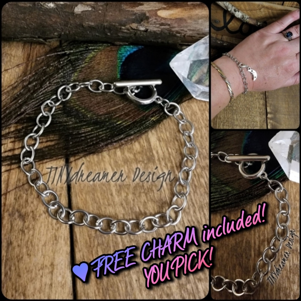 Charm Bracelet Blank Silver OT Toggle Bracelet~ Silver Chain Blanks for Charms